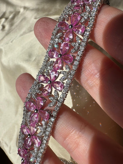 18K White Gold Diamond and Pear Cut Pink Sapphire Flower Bracelet - 7.25 inches