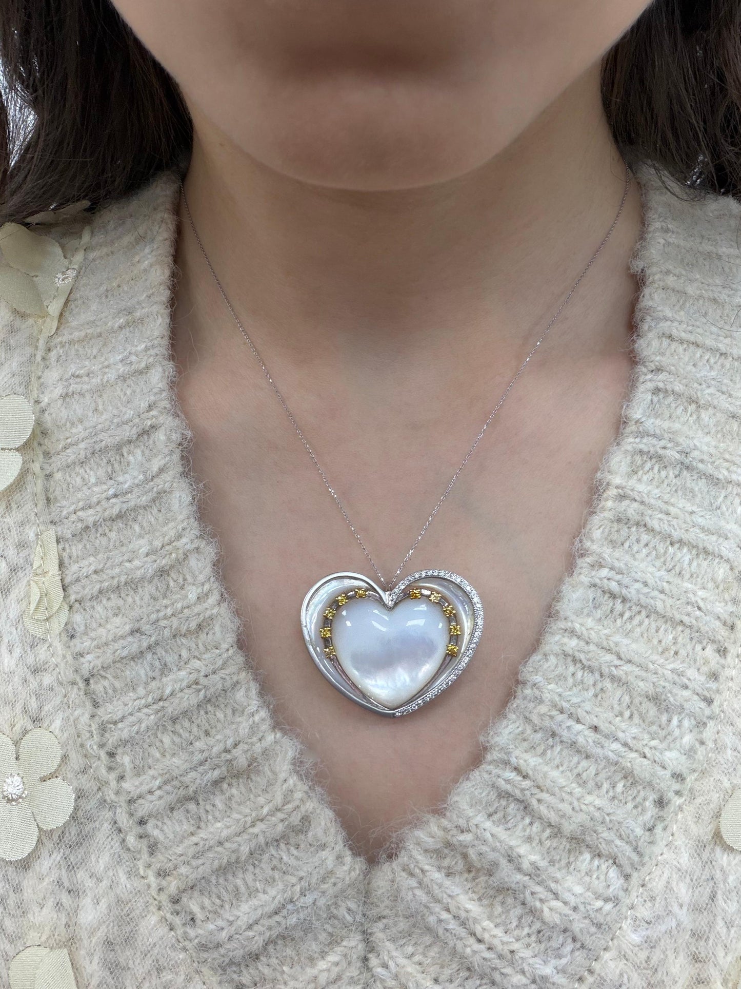 14K Two Tone Diamond, Mother of Pearl and Yellow Sapphire Heart Necklace