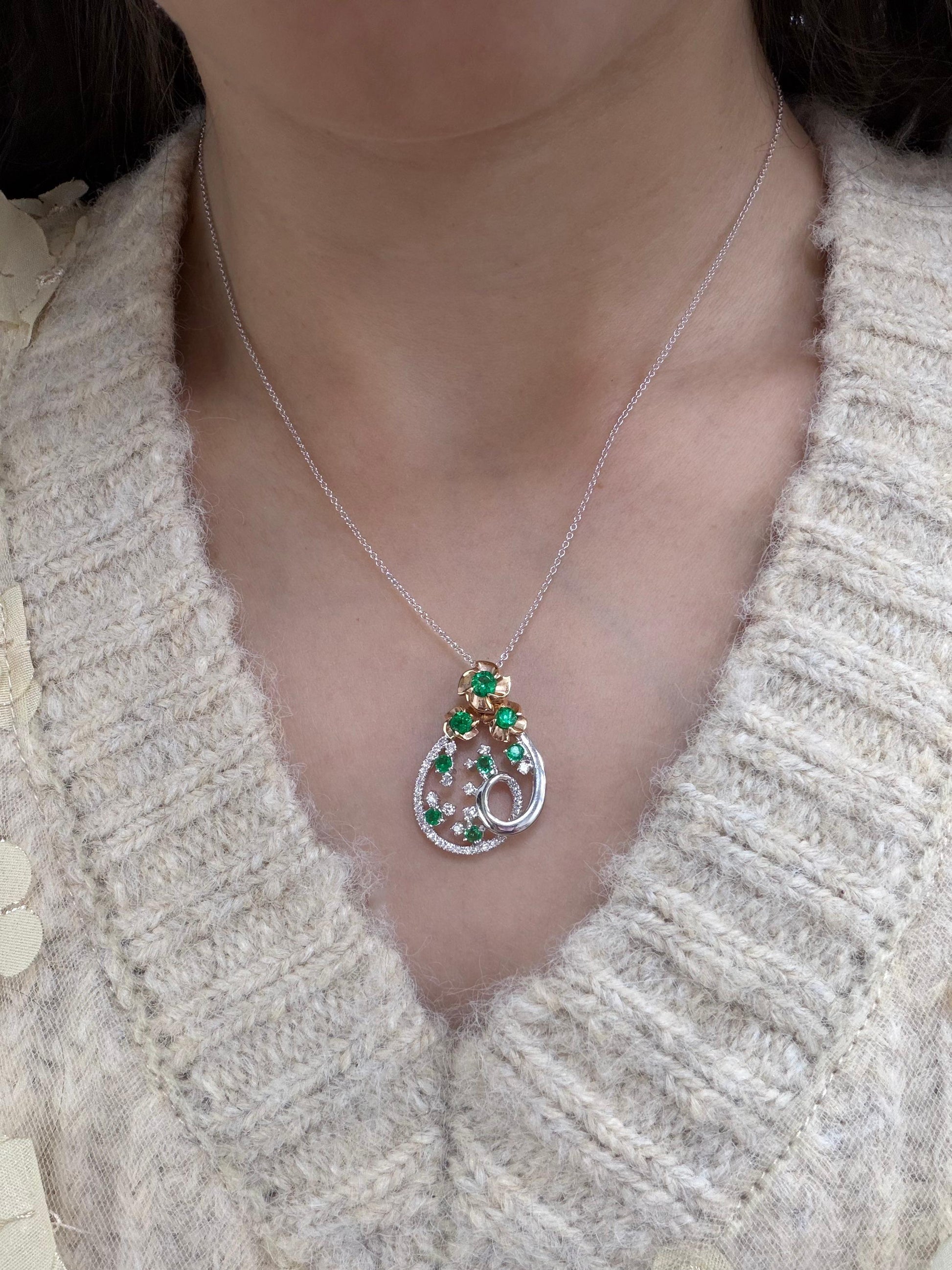 18K Two Tone Diamond and Emerald Teardrop Floral Pendant Necklace