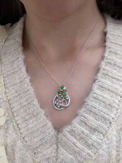 18K Two Tone Diamond and Emerald Teardrop Floral Pendant Necklace