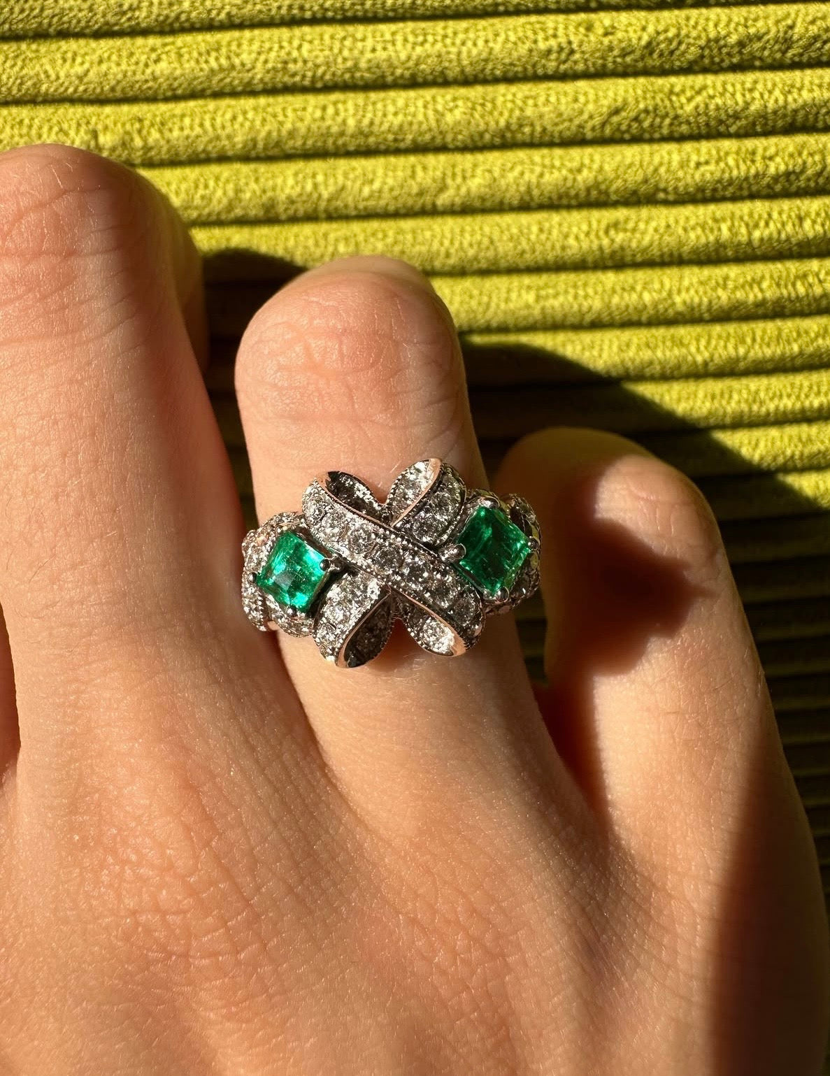 18K White Gold .65 Carat Square Cut Emerald and Diamond Bow Ring - Size 6.25