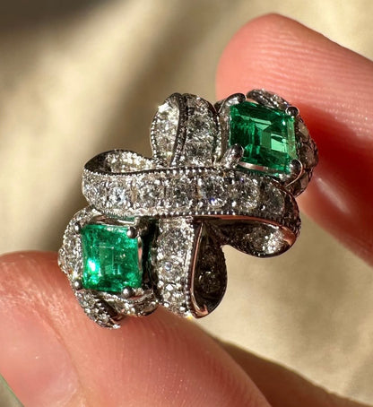 18K White Gold .65 Carat Square Cut Emerald and Diamond Bow Ring - Size 6.25