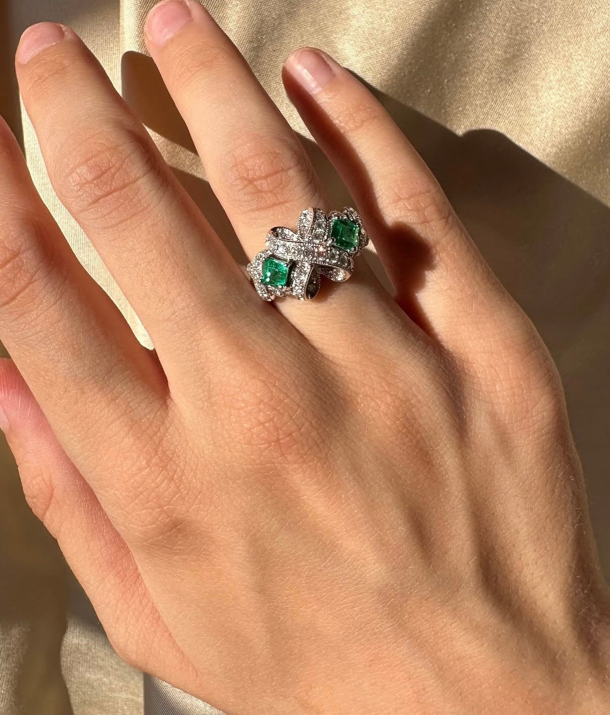 18K White Gold .65 Carat Square Cut Emerald and Diamond Bow Ring - Size 6.25