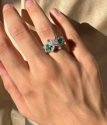 18K White Gold .65 Carat Square Cut Emerald and Diamond Bow Ring - Size 6.25