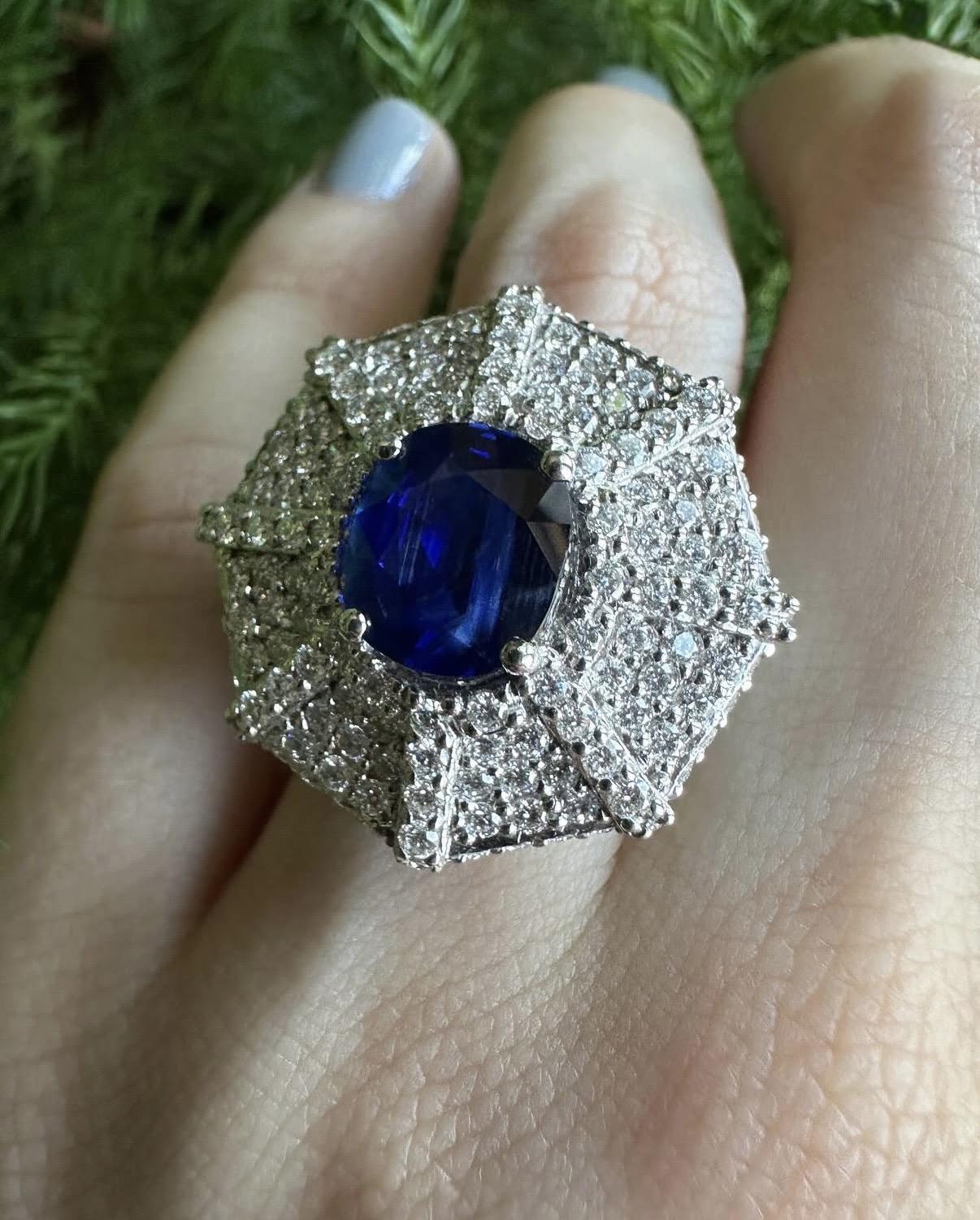 18k White Gold 3.05 Carat Oval Cut Sapphire and Diamond Spider Web Cocktail Ring