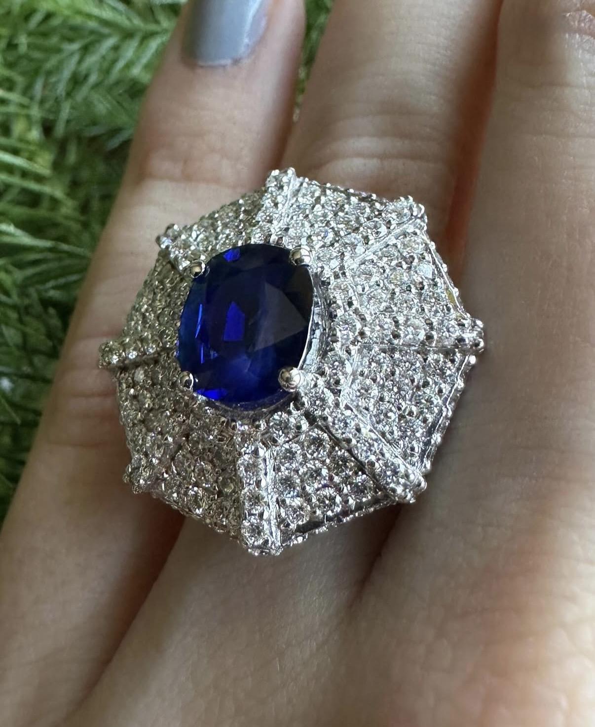 18k White Gold 3.05 Carat Oval Cut Sapphire and Diamond Spider Web Cocktail Ring