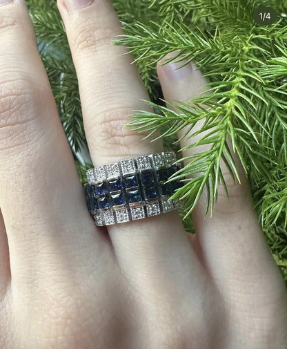 18K White Gold 2.61 Carat Sapphire and Diamond Wide Band Ring - Size 5.50