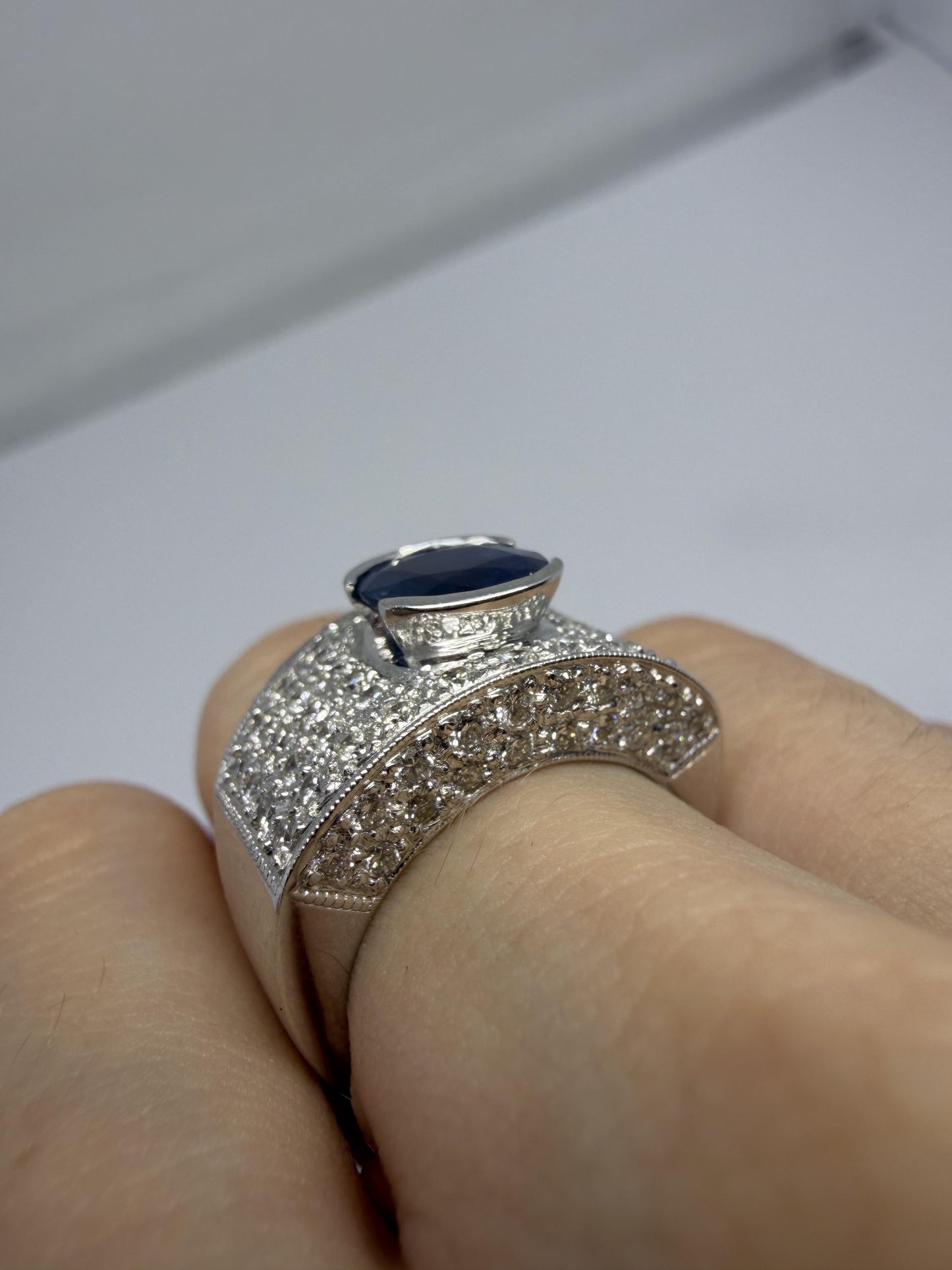 18k White Gold Round Cut Sapphire and Diamond Wide Band Ring - Size 6.50