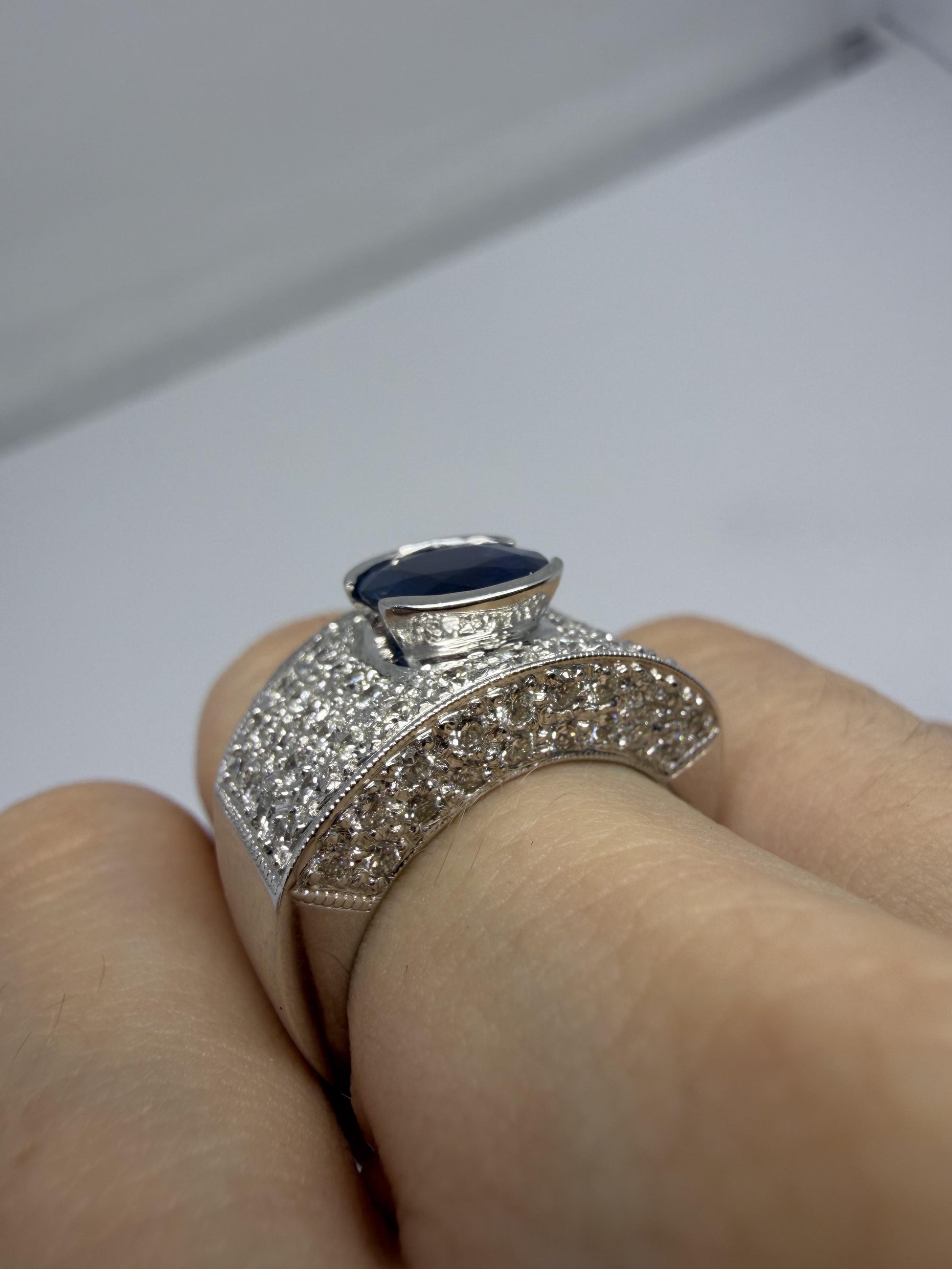 18k White Gold Round Cut Sapphire and Diamond Wide Band Ring - Size 6.50