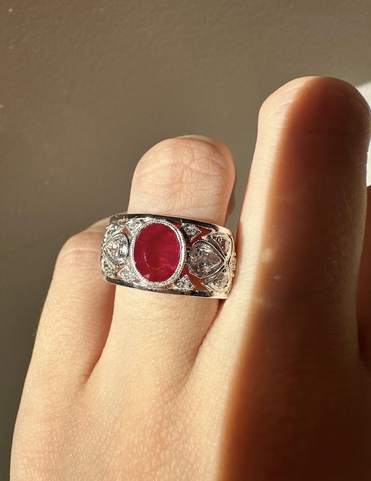 18K White Gold 2.04 Carats Oval Cut Ruby and Diamond Wide Band Ring - Size 6.5