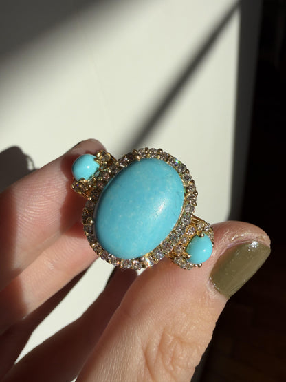 18K Yellow Gold Diamond and Turquoise Three Stone Cocktail Ring - Size 7