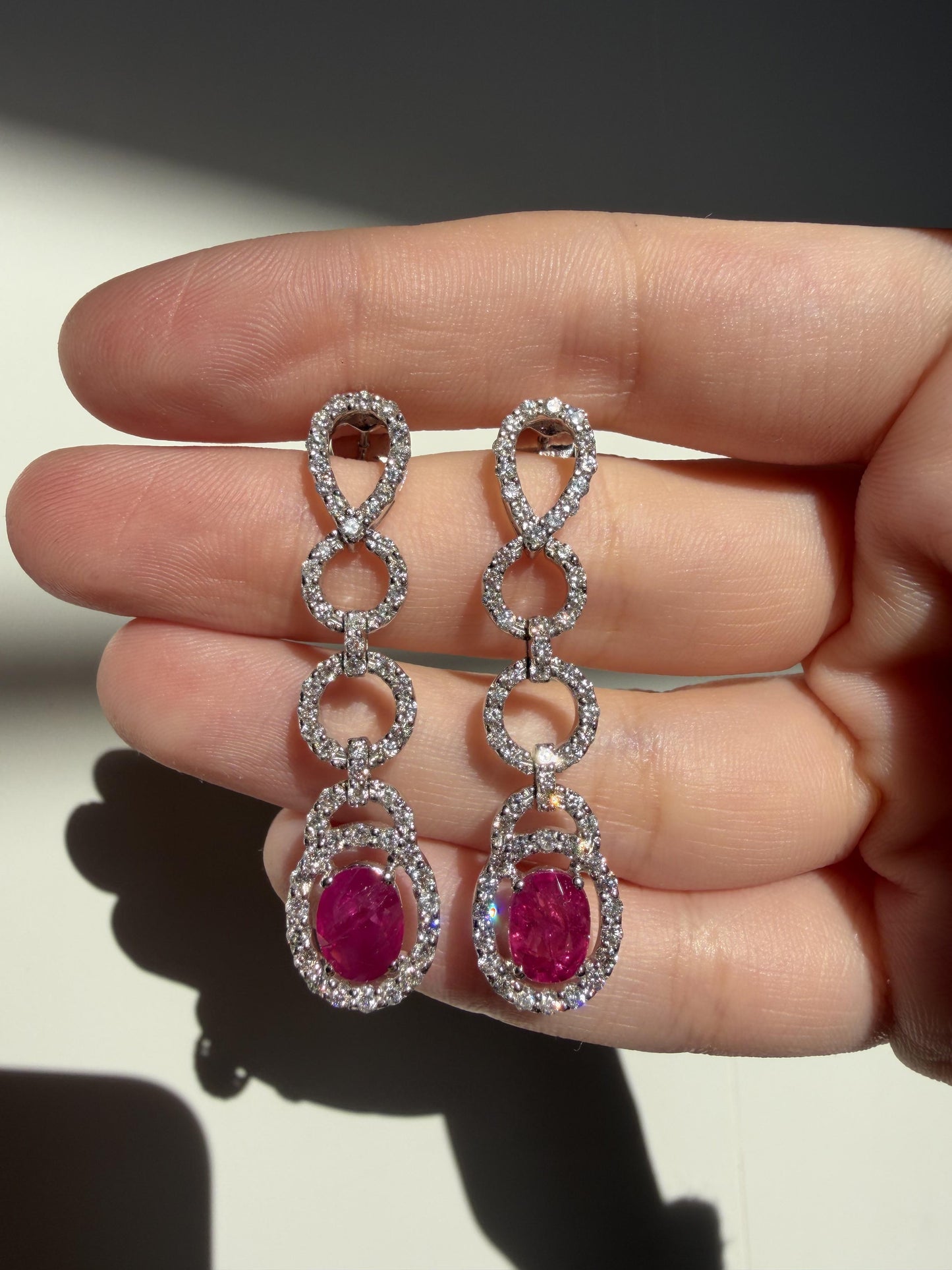 18K White Gold 3.44 Carat Oval Ruby and Diamond Drop Earrings