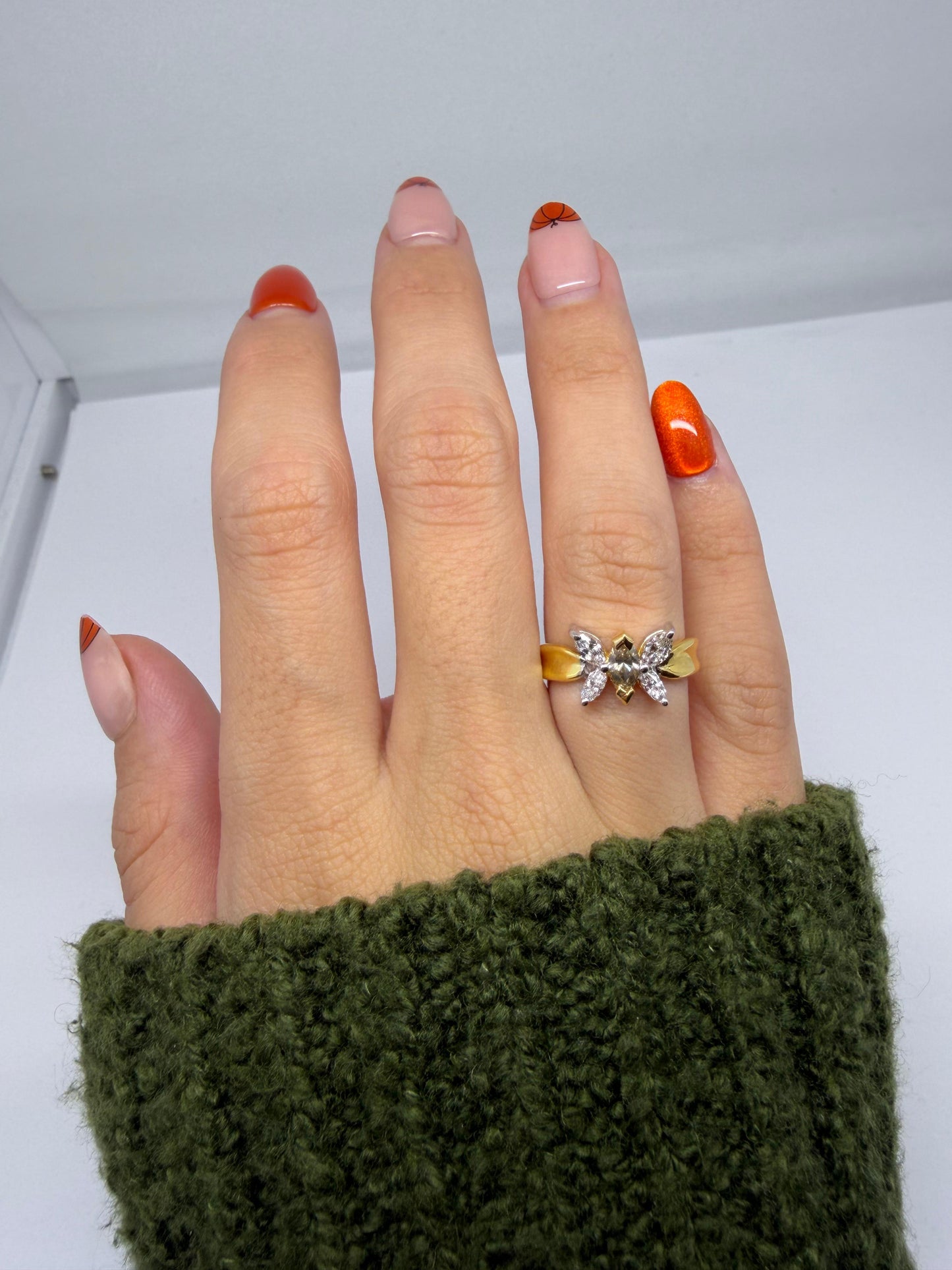 18K Yellow Gold Marquise Cut White and Brown Diamond Butterfly Ring