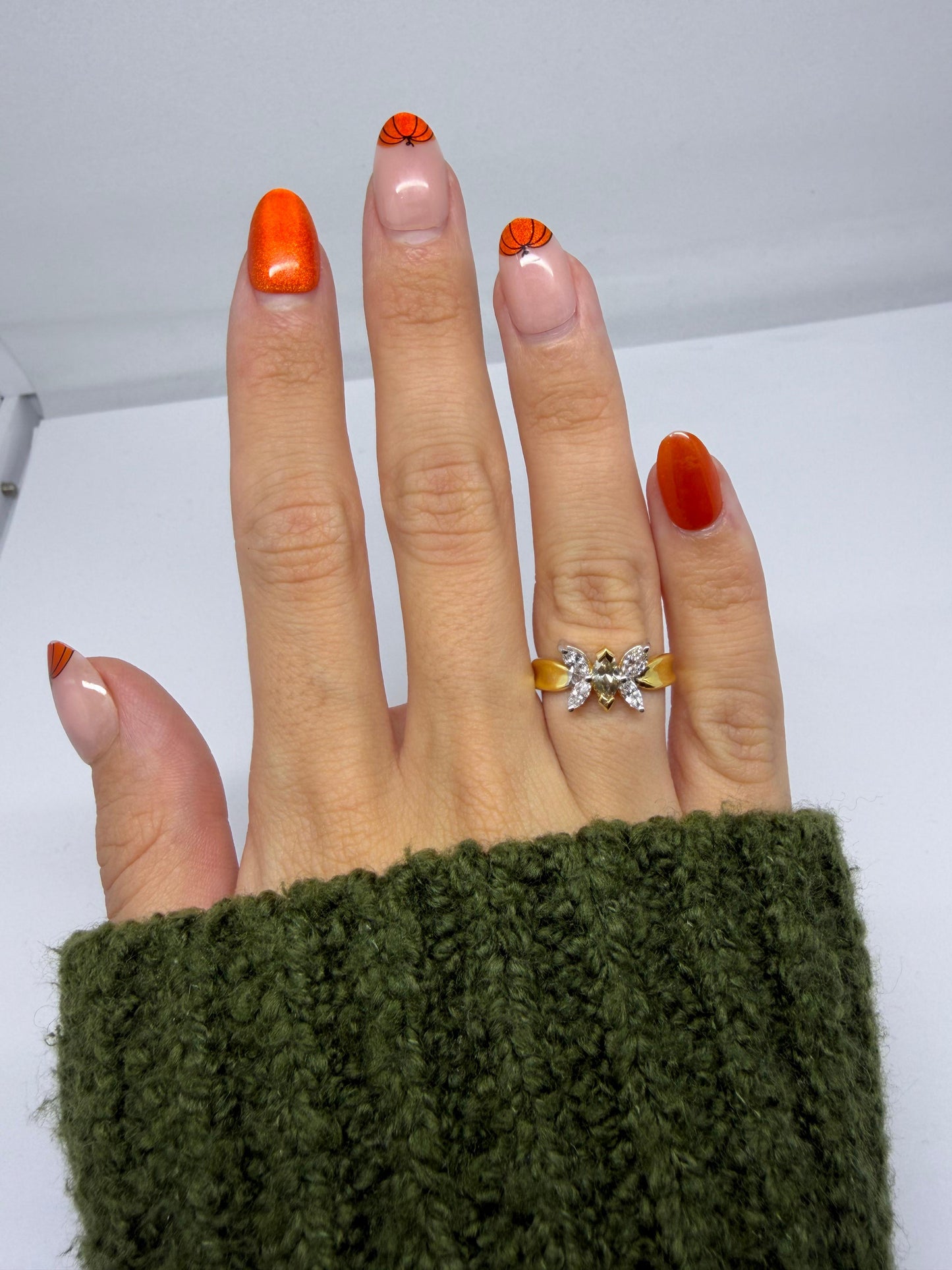 18K Yellow Gold Marquise Cut White and Brown Diamond Butterfly Ring