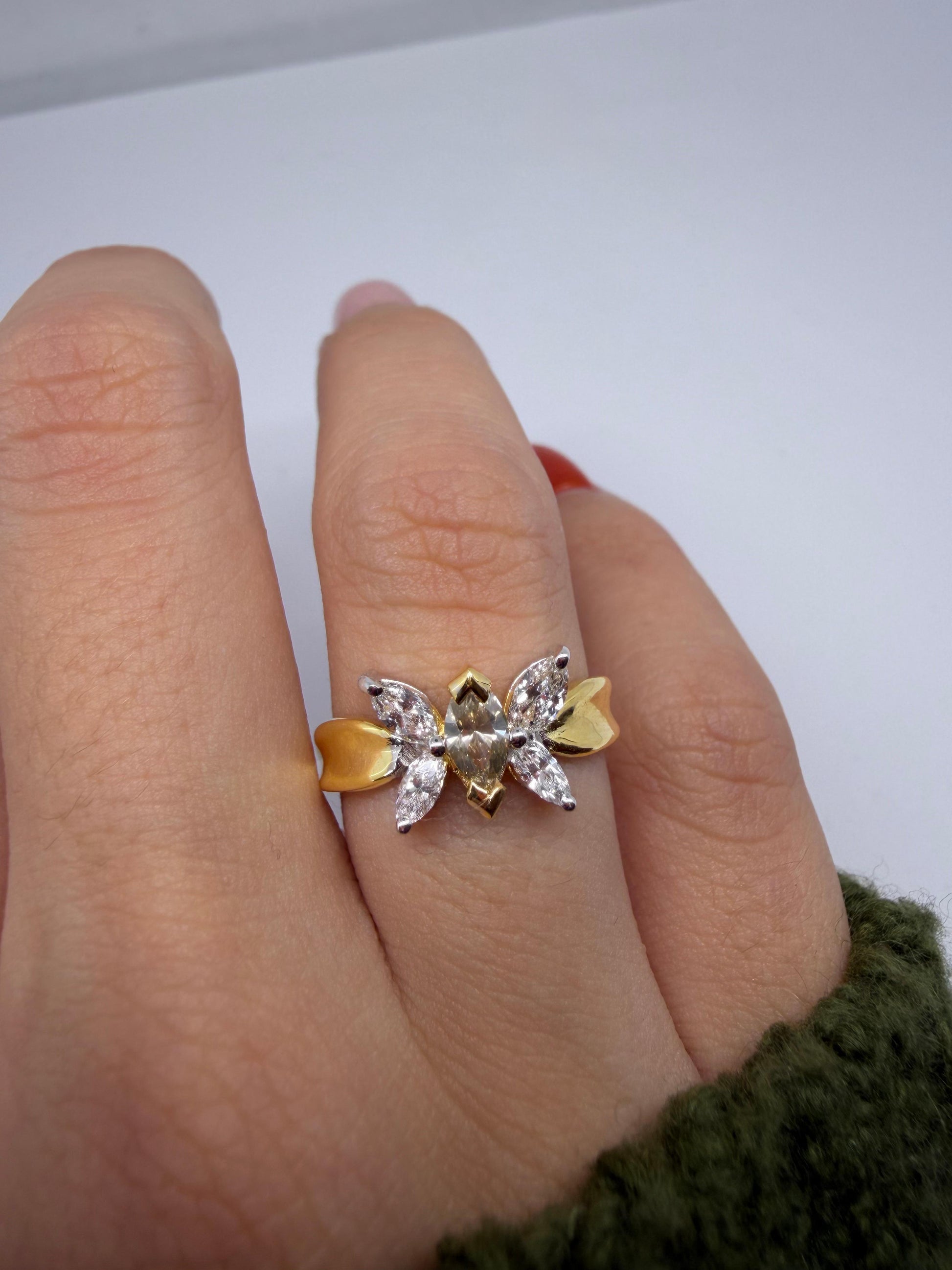 18K Yellow Gold Marquise Cut White and Brown Diamond Butterfly Ring