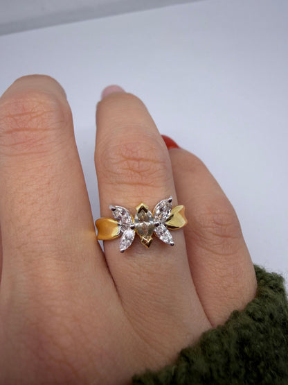 18K Yellow Gold Marquise Cut White and Brown Diamond Butterfly Ring