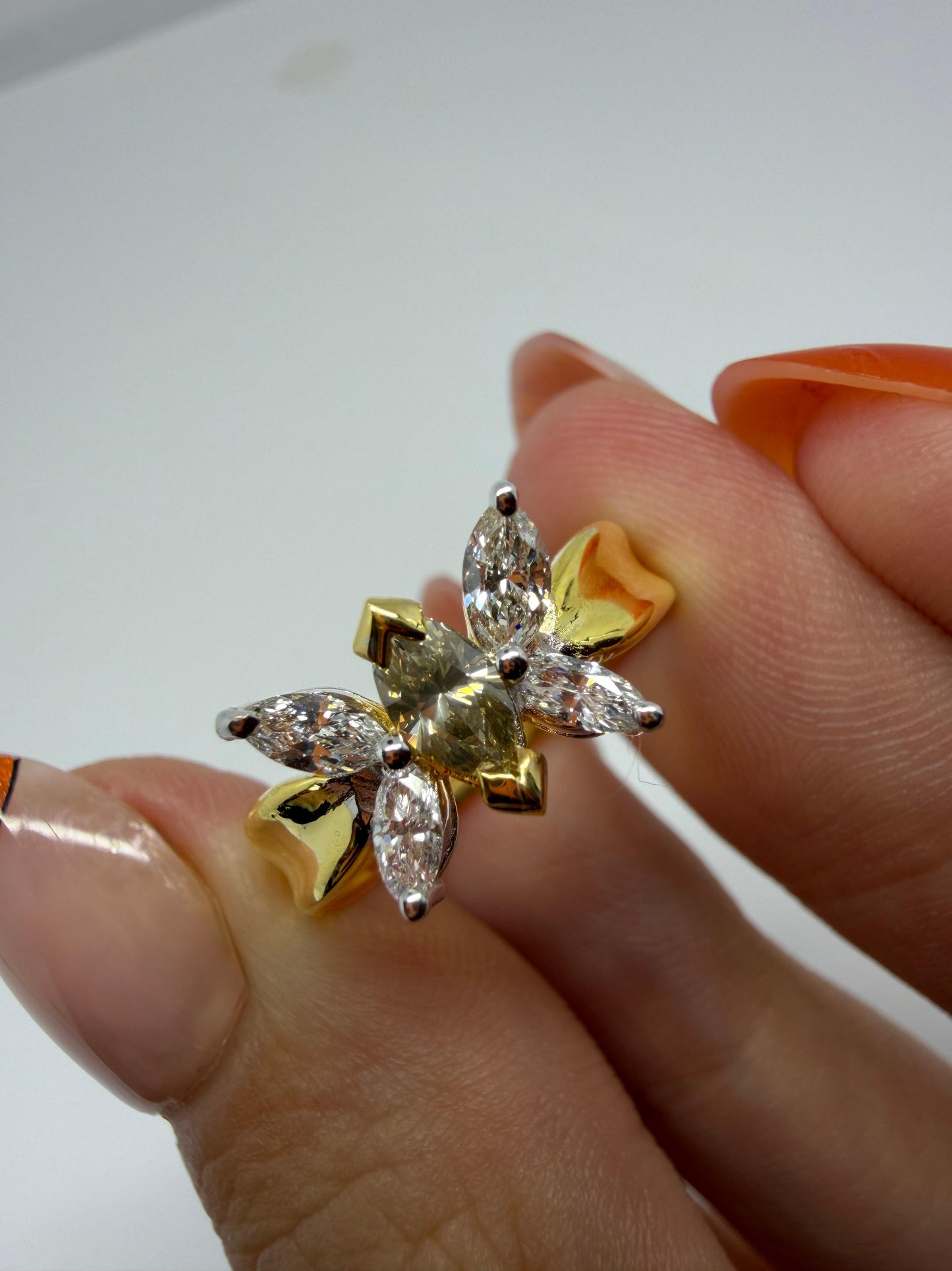 18K Yellow Gold Marquise Cut White and Brown Diamond Butterfly Ring