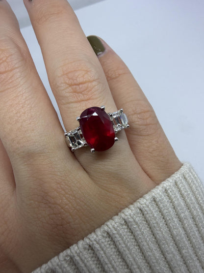 18K White Gold Asscher Cut Diamond and African Ruby Three Stone Ring - Size 6.75