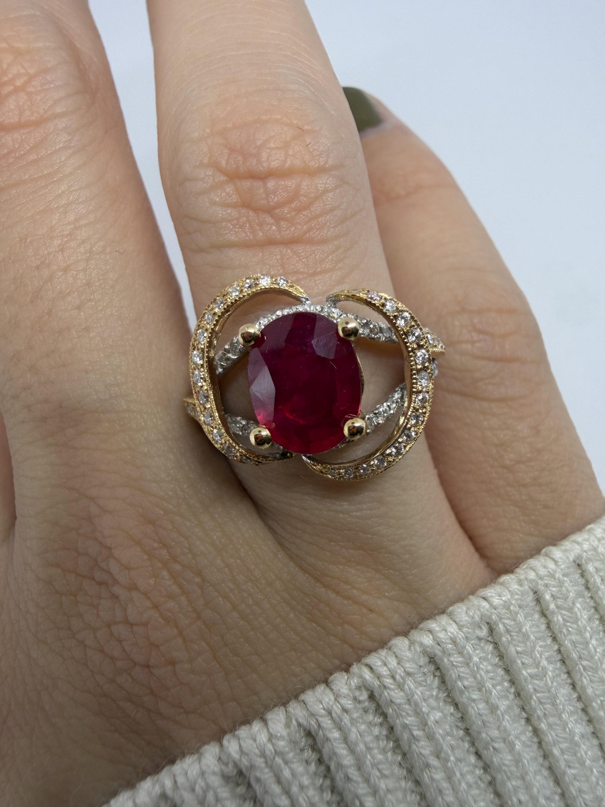 18K 2.22c Carat Oval Cut African Ruby and Diamond Ring - Size 6.25