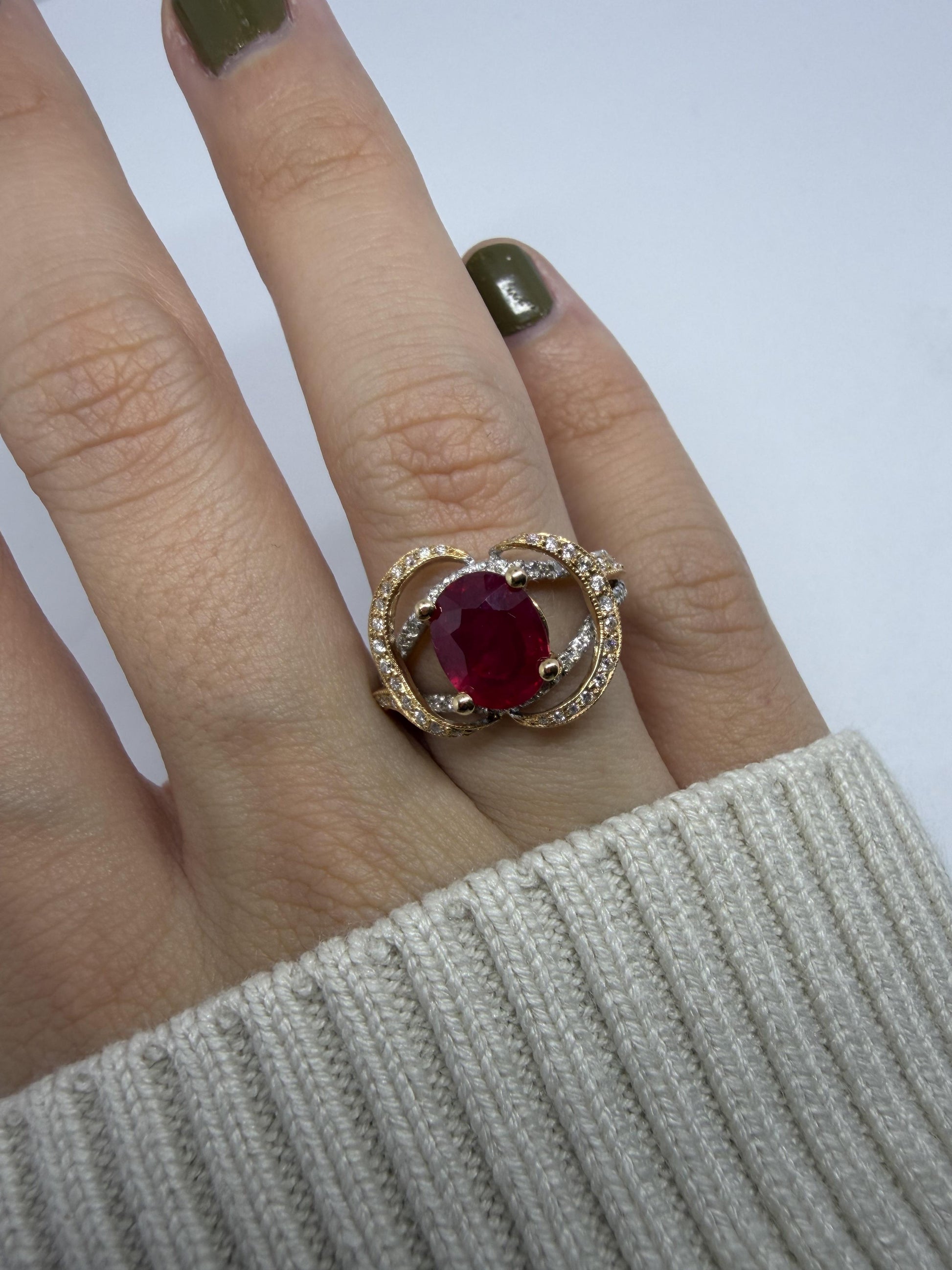 18K 2.22c Carat Oval Cut African Ruby and Diamond Ring - Size 6.25