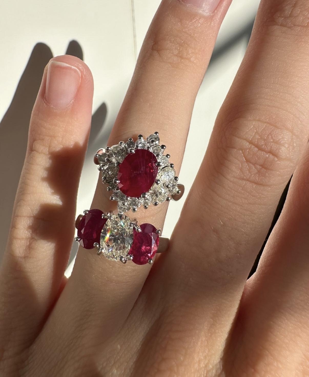 18K White Gold 2.04 Carat Oval Cut Ruby and Pear Cut Diamond Ring - Size 6.25