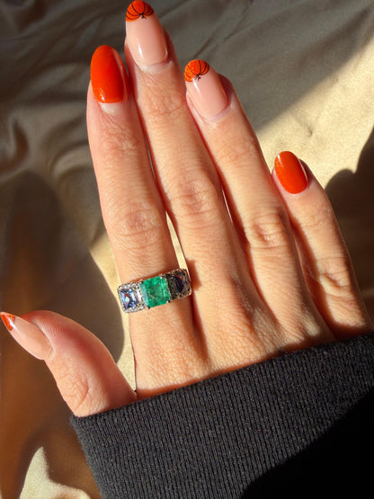 18K White Gold Emerald, Sapphire and Diamond Wide Band Ring
