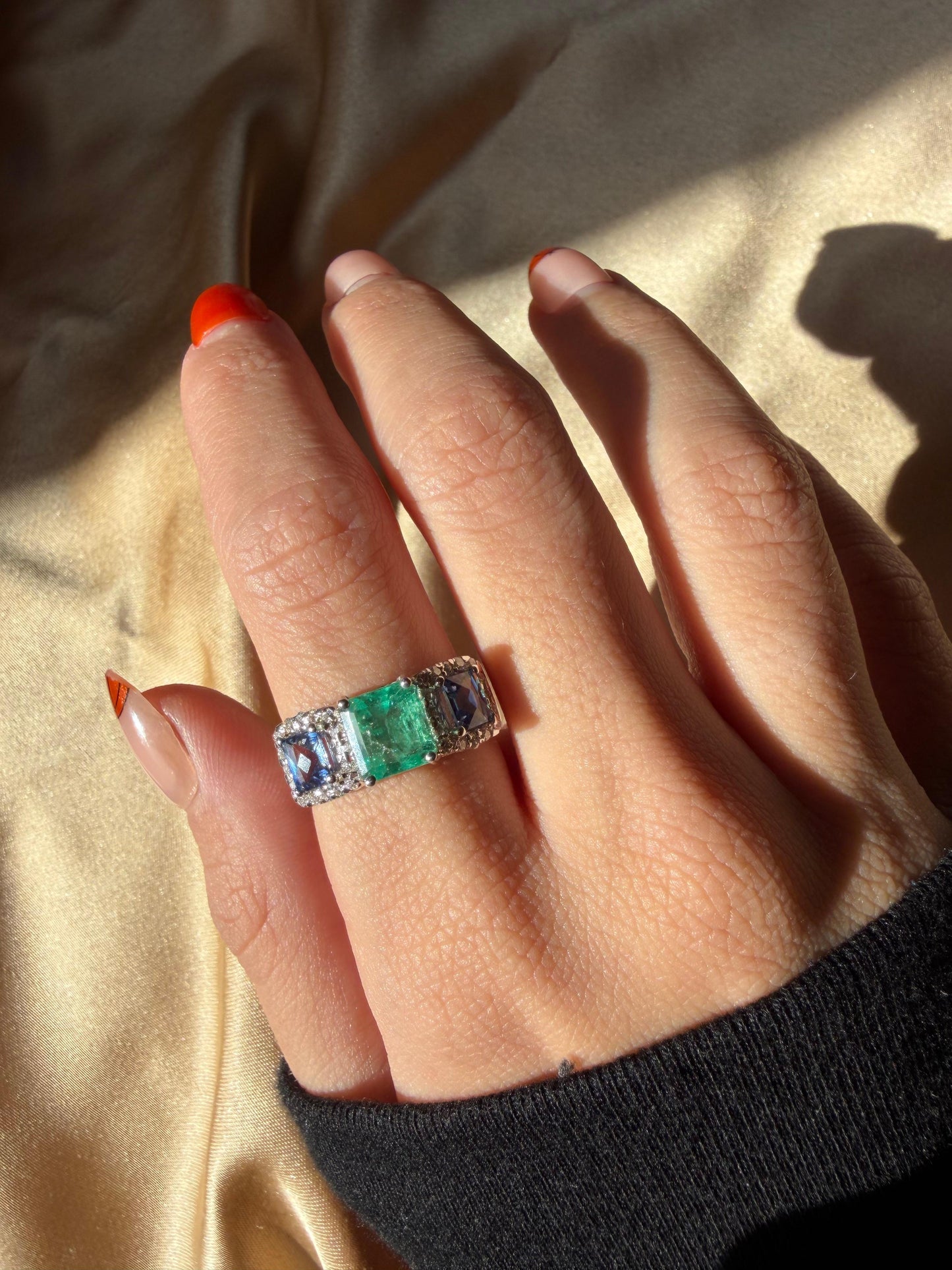 18K White Gold Emerald, Sapphire and Diamond Wide Band Ring