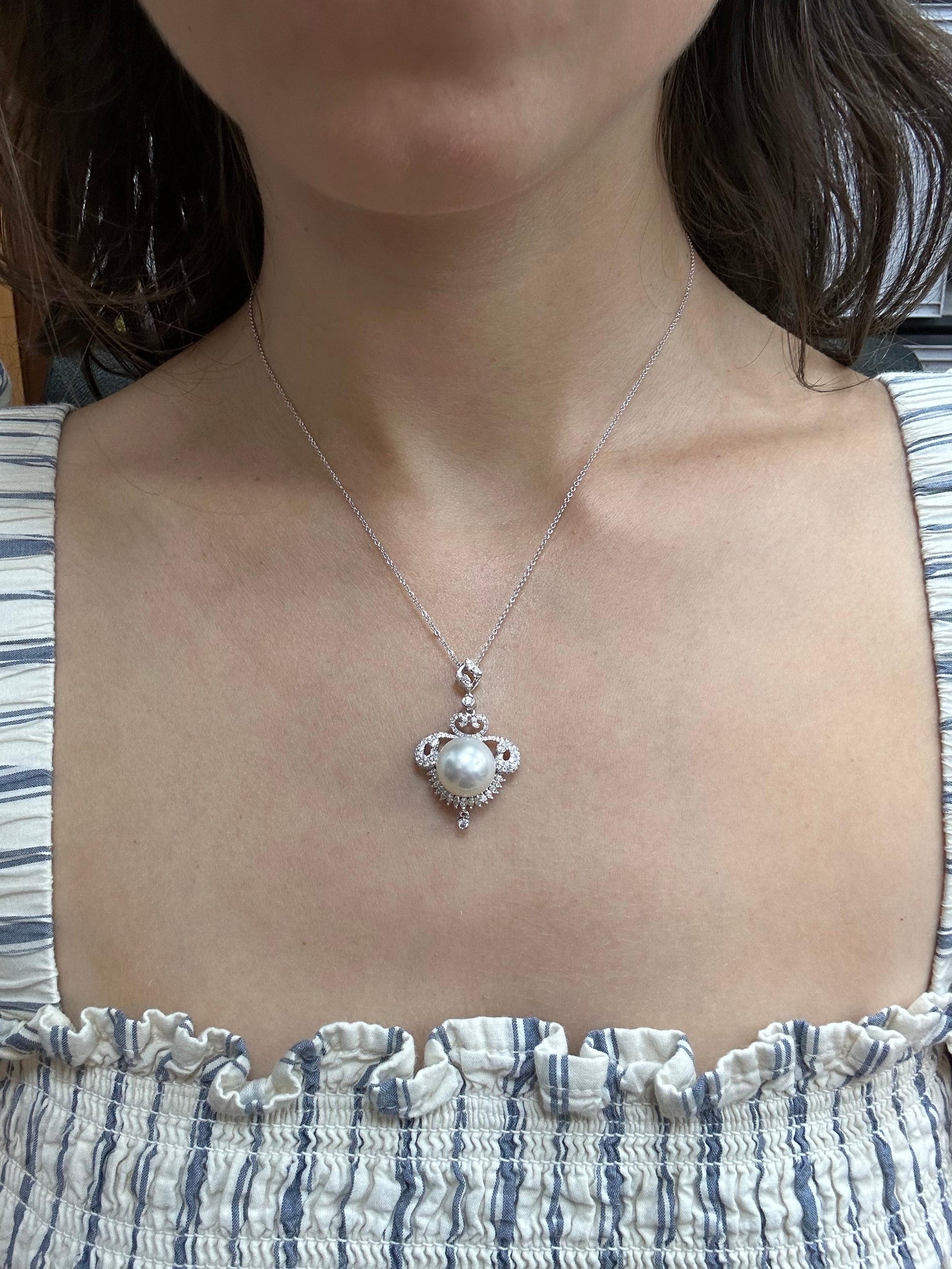 Edwardian-Inspired 18K White Gold Diamond Pearl Pendant Necklace 0.93ct