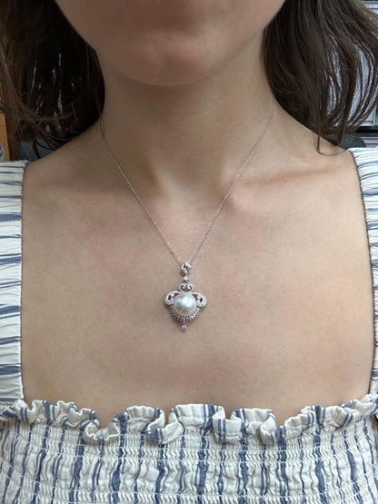 Edwardian-Inspired 18K White Gold Diamond Pearl Pendant Necklace 0.93ct