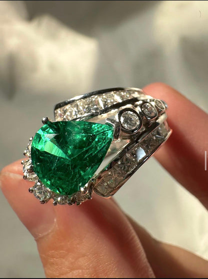GIA Certified 18K White Gold 2.77 Carat Pear Cut Emerald and Diamond Ring,Size 7