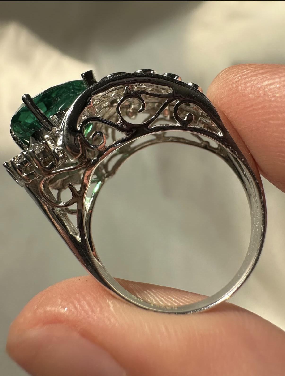 GIA Certified 18K White Gold 2.77 Carat Pear Cut Emerald and Diamond Ring,Size 7
