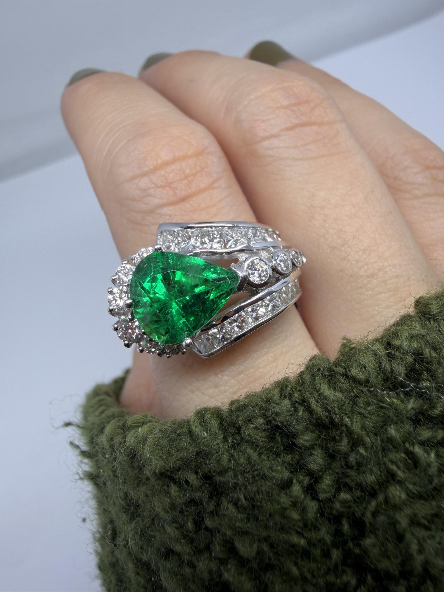 GIA Certified 18K White Gold 2.77 Carat Pear Cut Emerald and Diamond Ring,Size 7