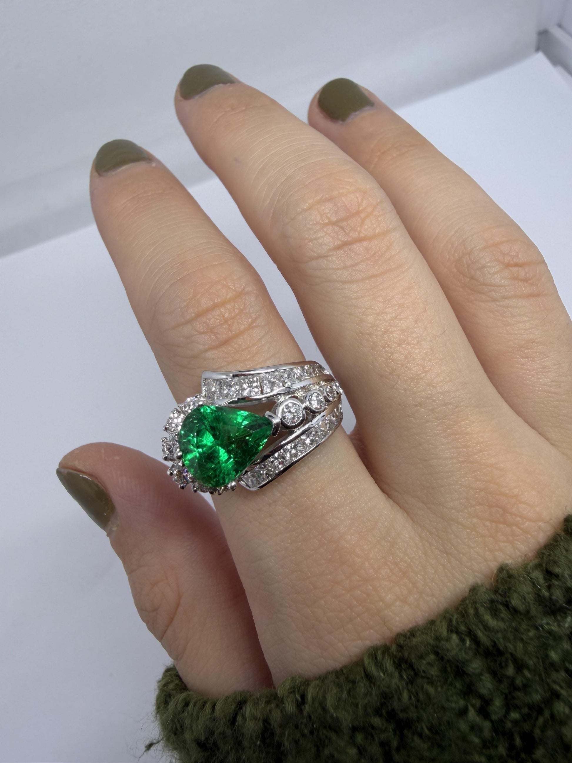 GIA Certified 18K White Gold 2.77 Carat Pear Cut Emerald and Diamond Ring,Size 7