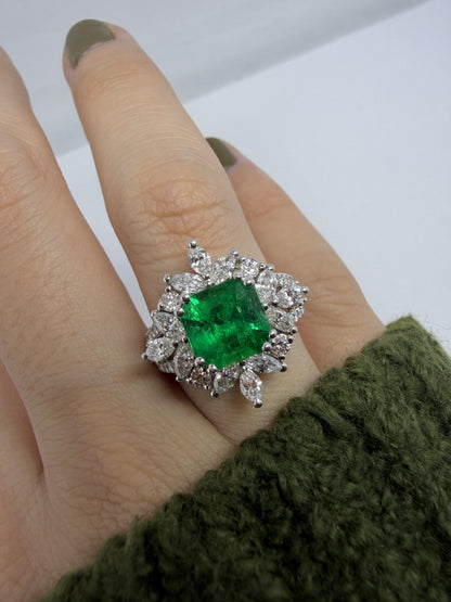 18K White Gold 2.17 carat Emerald and Marquise Cut Diamond Ring - Size 6.5