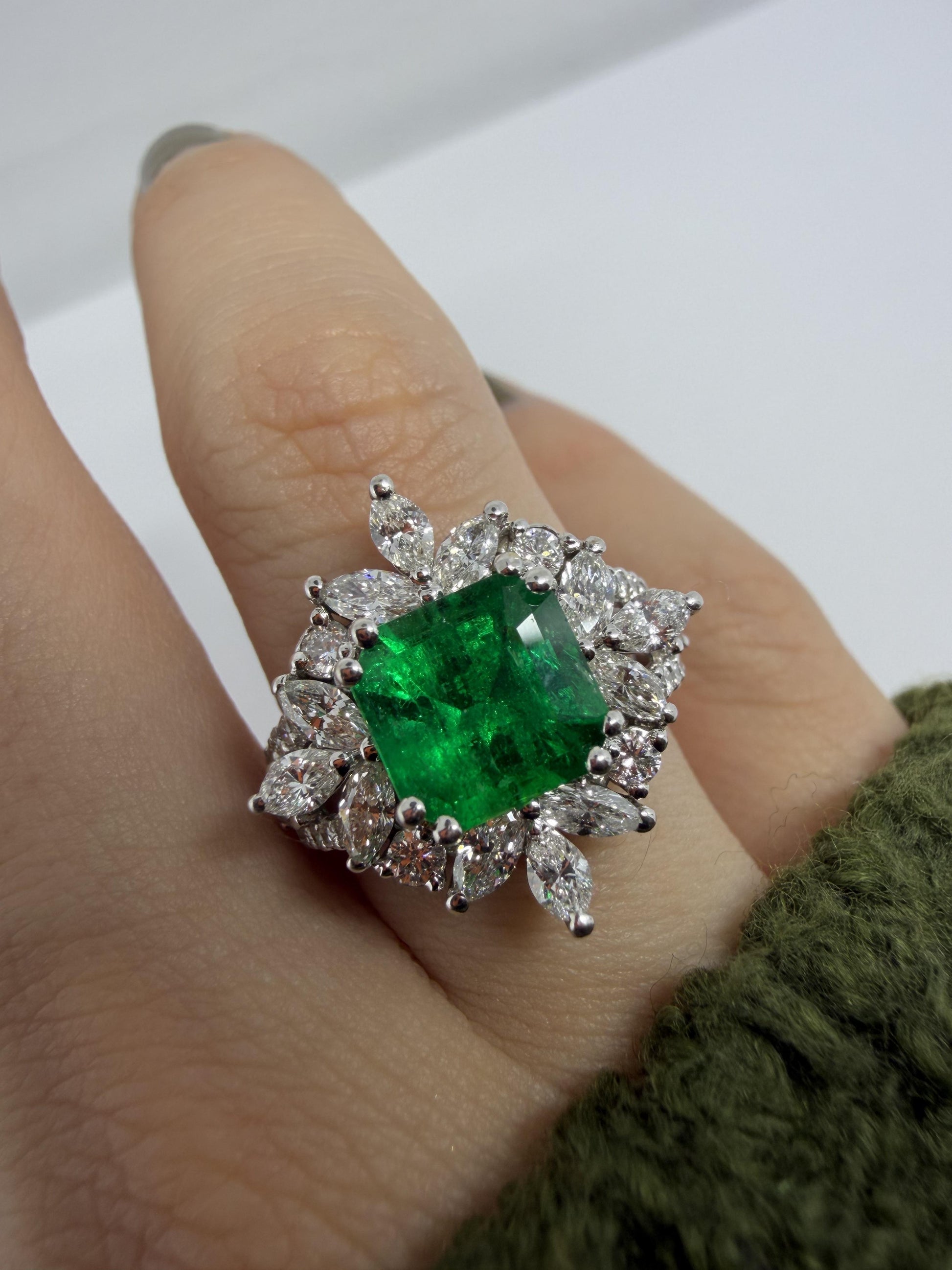 18K White Gold 2.17 carat Emerald and Marquise Cut Diamond Ring - Size 6.5