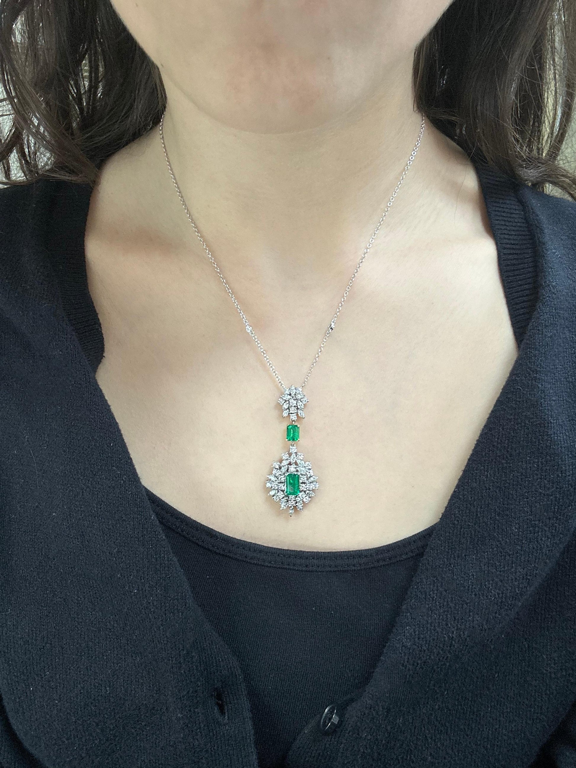 18K Two Tone Diamond and Emerald Pendant Necklace