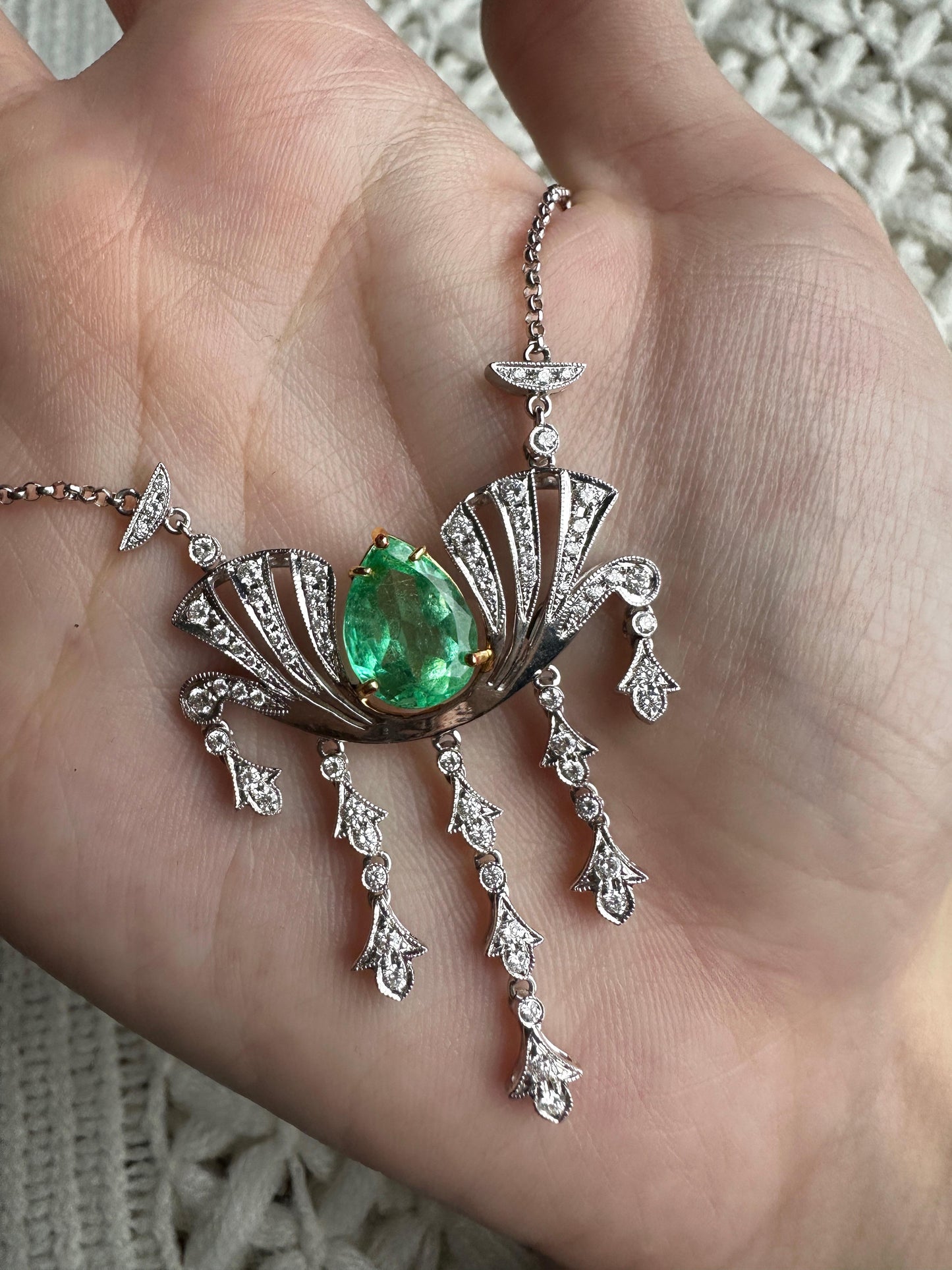 18K White Gold Diamond and Pear Cut Emerald Necklace