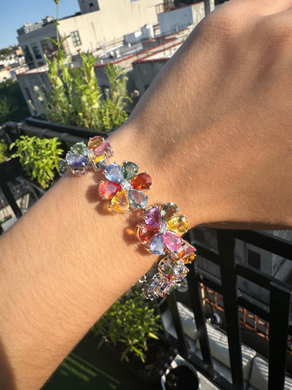 18k Modern Pear Cut Multicolor Sapphire and Diamond Flower Bracelet