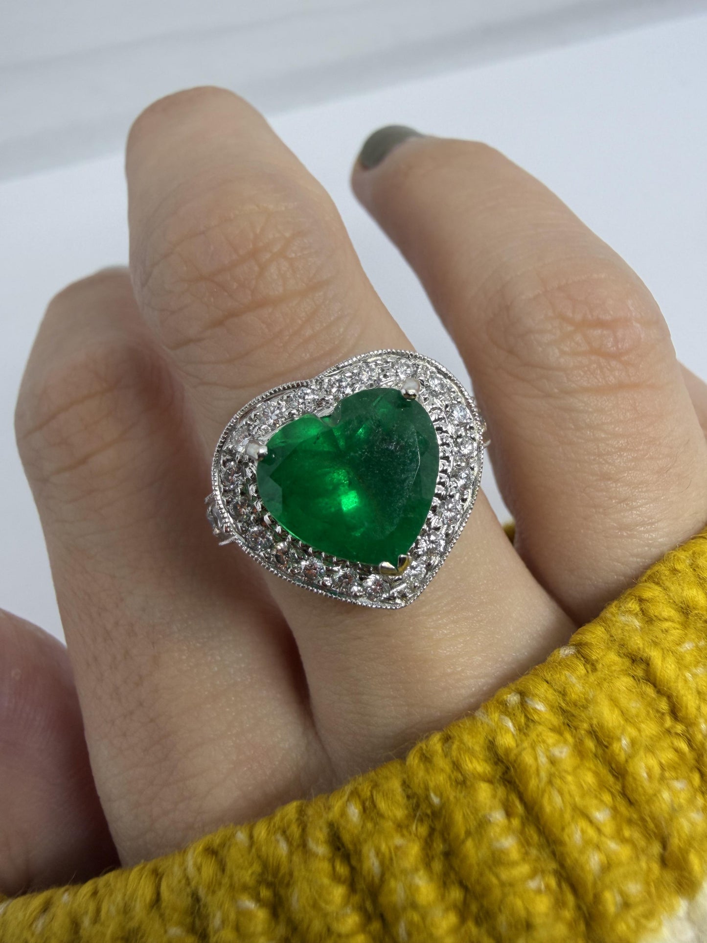 18k Heart Shaped 3.63 Carat Emerald and Diamond Ring
