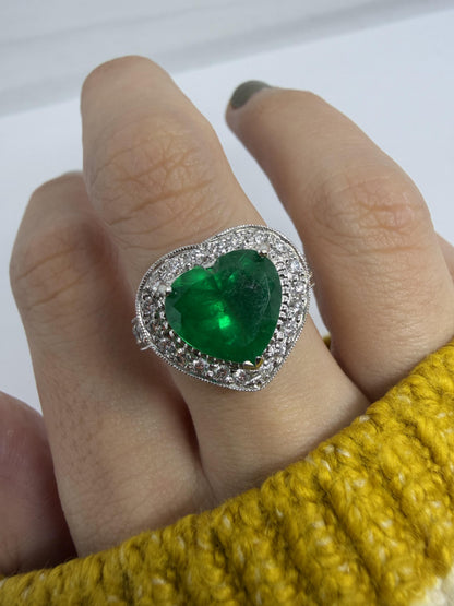 18k Heart Shaped 3.63 Carat Emerald and Diamond Ring