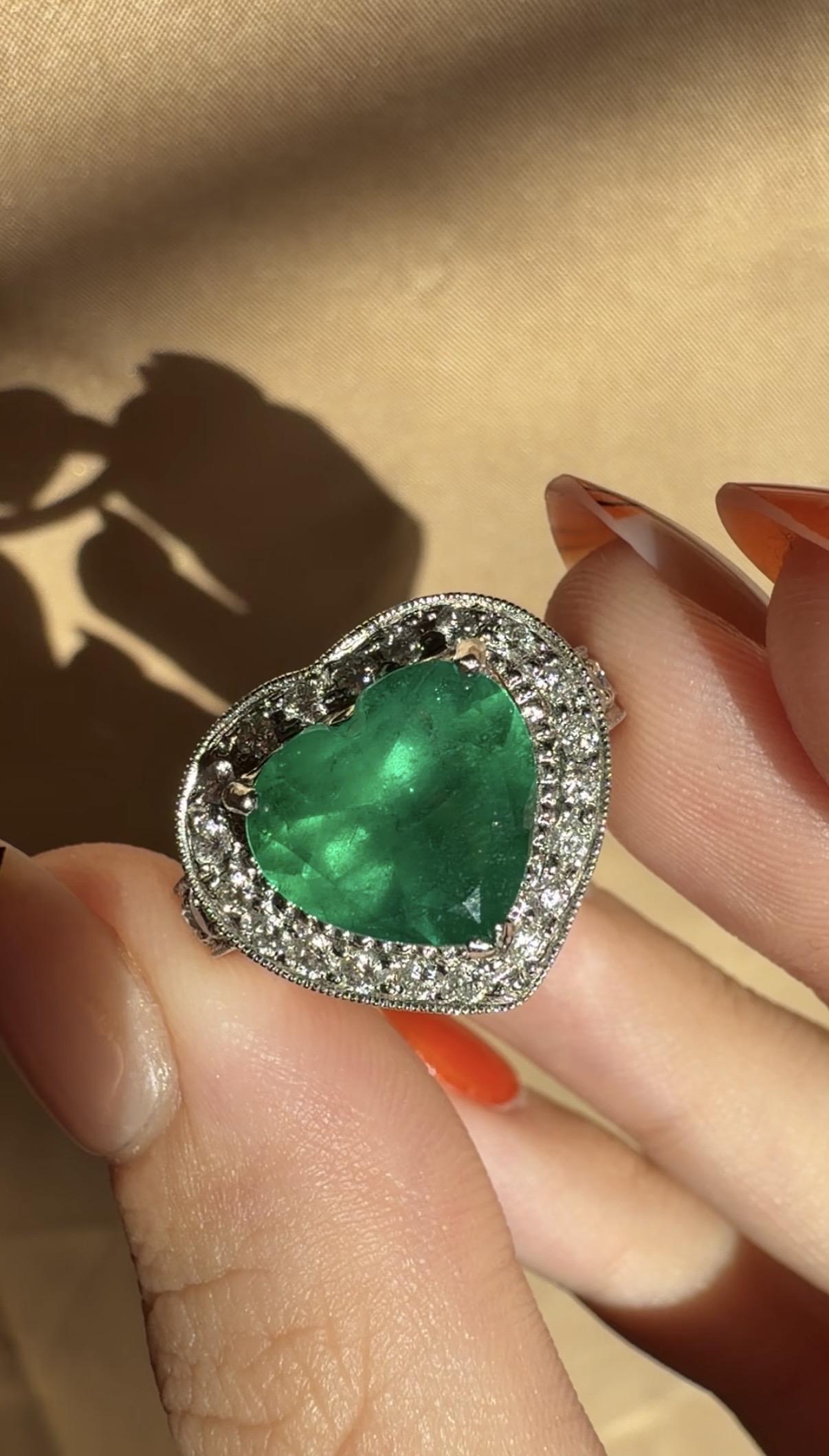 18k Heart Shaped 3.63 Carat Emerald and Diamond Ring