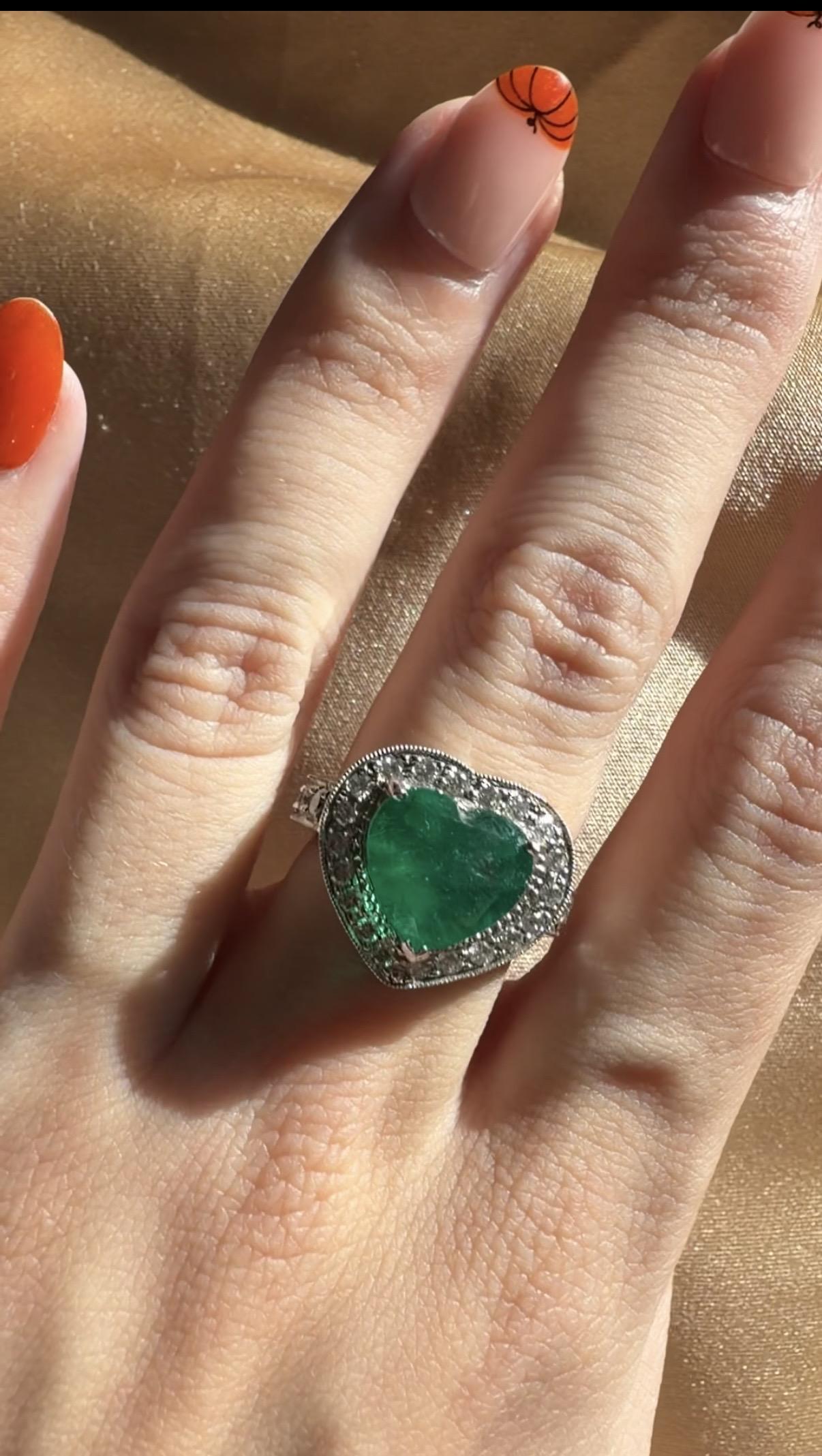 18k Heart Shaped 3.63 Carat Emerald and Diamond Ring