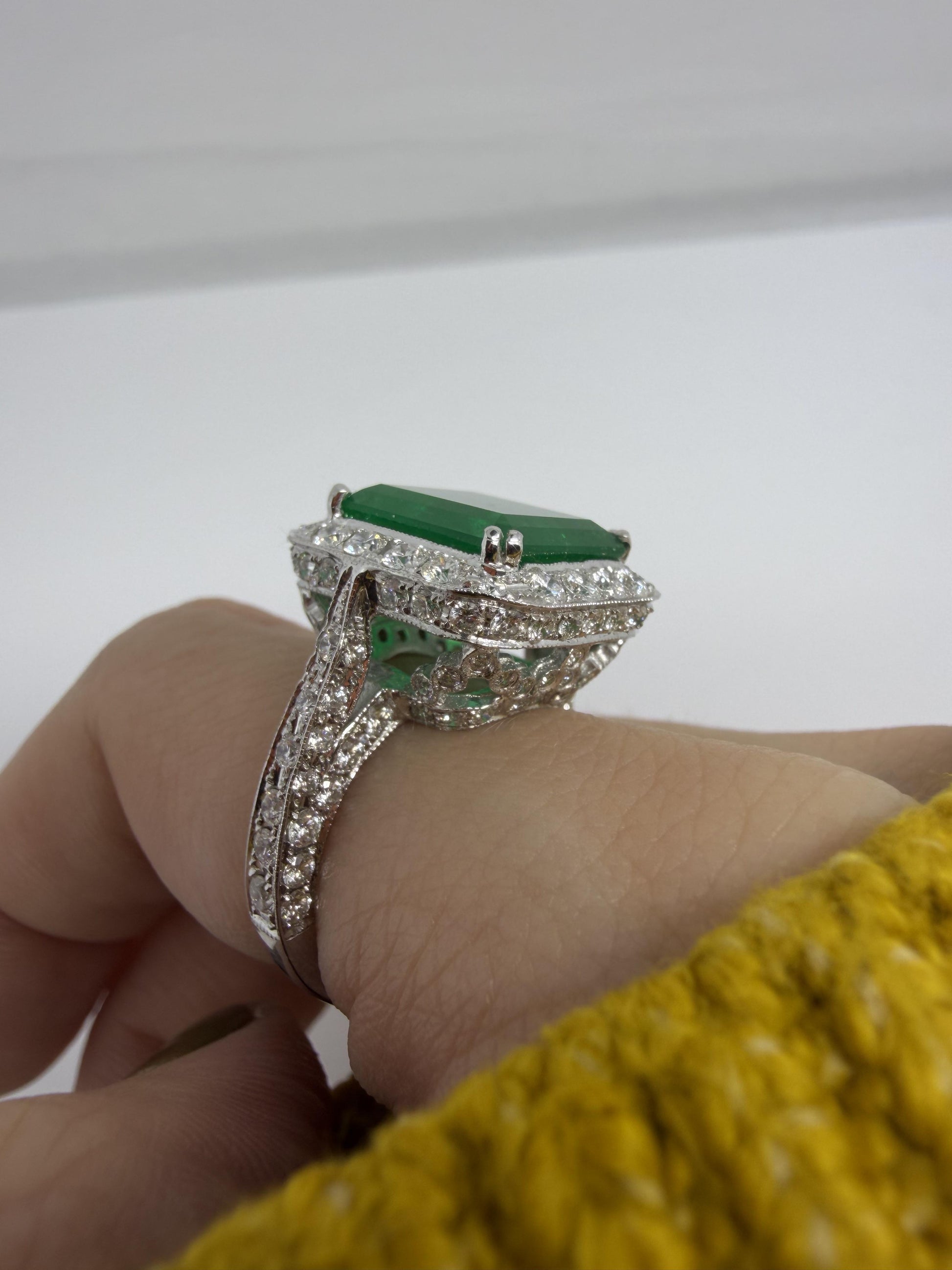 18K White Gold 6.58 Carat Emerald Cut Emerald and Diamond Ring -Size 7