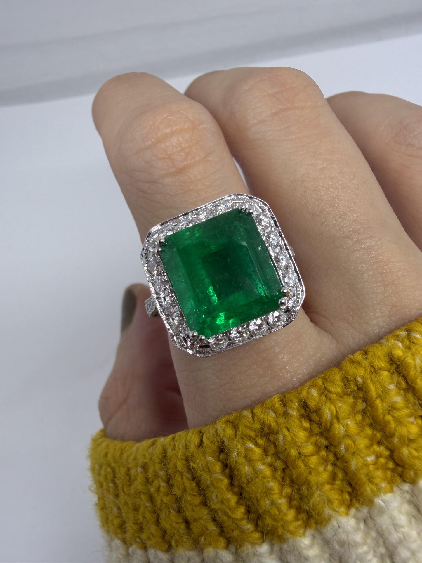 18K White Gold 6.58 Carat Emerald Cut Emerald and Diamond Ring -Size 7
