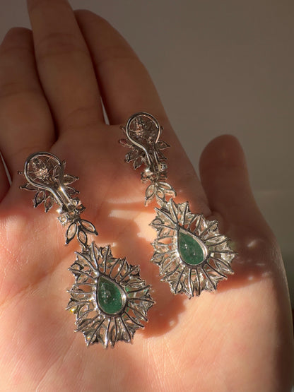 18K White Gold Marquise Cut Diamond and Pear Cut Emerald Drop Earrings