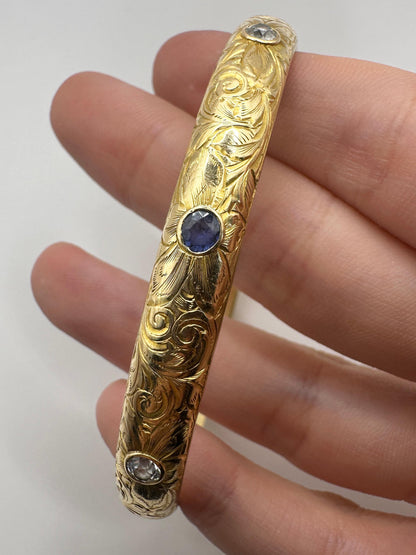 18k Engraved Victorian Diamond and Sapphire Bangle