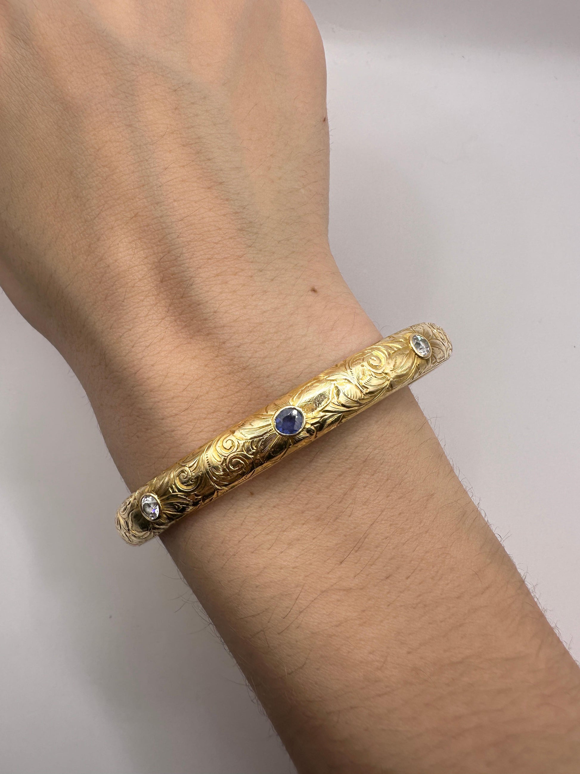 18k Engraved Victorian Diamond and Sapphire Bangle