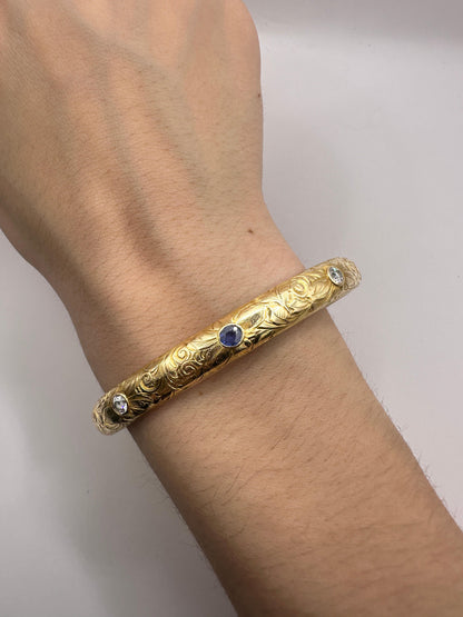 18k Engraved Victorian Diamond and Sapphire Bangle