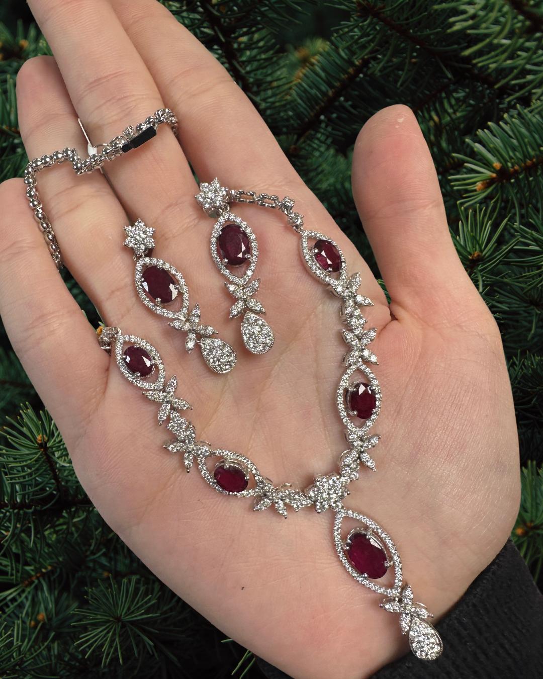 18K White Gold Diamond and Oval Ruby Necklace