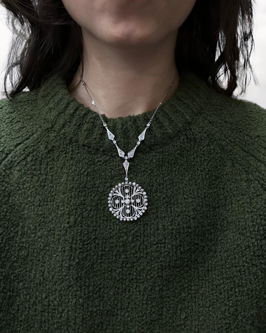 Edwardian-Inspired 18k White Gold Diamond and Pearl Filigree Pendant Necklace